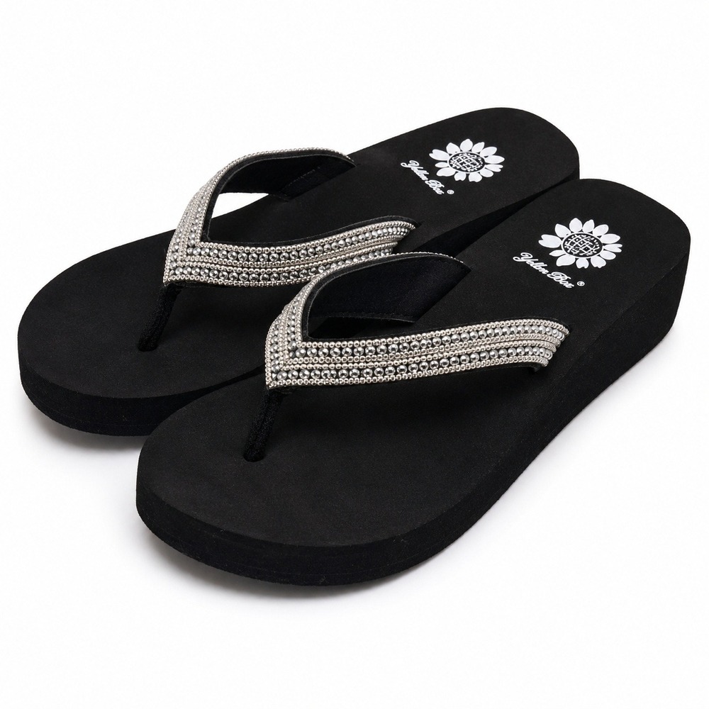 Yellow Box Black Rhinestone Platform Thong Flip Flop Sandals Y2K Womens 7.5M